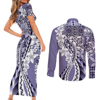 Aloha Vintage Plumeria Hawaiian Tapa Pattern Couples Matching Short Sleeve Bodycon Dress and Long Sleeve Button Shirt Purple Hawaiian Tapa Pattern LT9 - Polynesian Pride