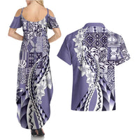Aloha Vintage Plumeria Hawaiian Tapa Pattern Couples Matching Summer Maxi Dress and Hawaiian Shirt Purple Hawaiian Tapa Pattern LT9 - Polynesian Pride