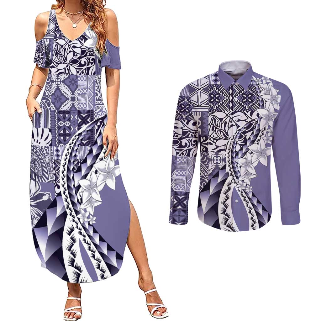 Aloha Vintage Plumeria Hawaiian Tapa Pattern Couples Matching Summer Maxi Dress and Long Sleeve Button Shirt Purple Hawaiian Tapa Pattern LT9 Purple - Polynesian Pride