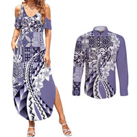 Aloha Vintage Plumeria Hawaiian Tapa Pattern Couples Matching Summer Maxi Dress and Long Sleeve Button Shirt Purple Hawaiian Tapa Pattern LT9 Purple - Polynesian Pride