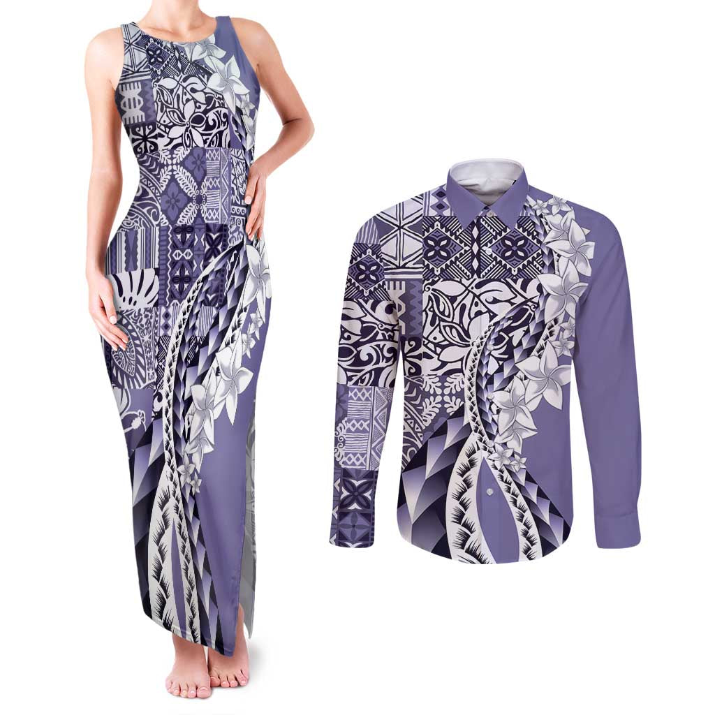 Aloha Vintage Plumeria Hawaiian Tapa Pattern Couples Matching Tank Maxi Dress and Long Sleeve Button Shirt Purple Hawaiian Tapa Pattern LT9 Purple - Polynesian Pride