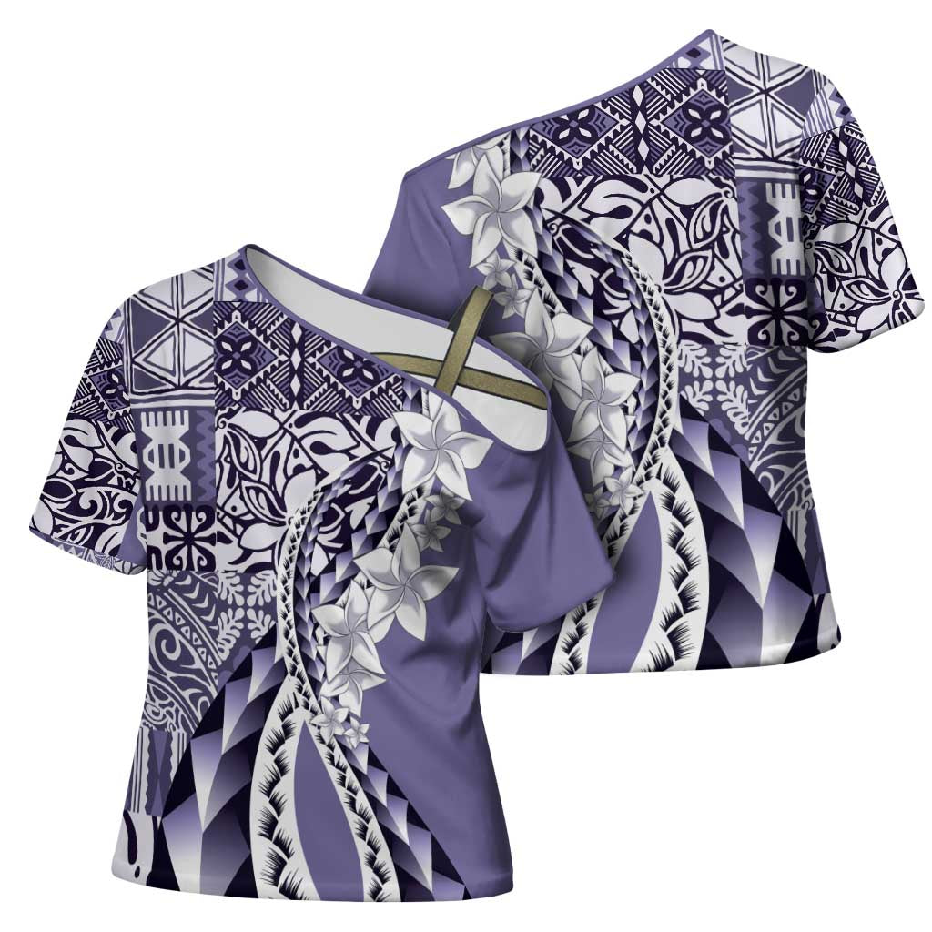 Aloha Vintage Plumeria Hawaiian Tapa Pattern Cross Shoulder Shirt Purple Hawaiian Tapa Pattern LT9 - Polynesian Pride
