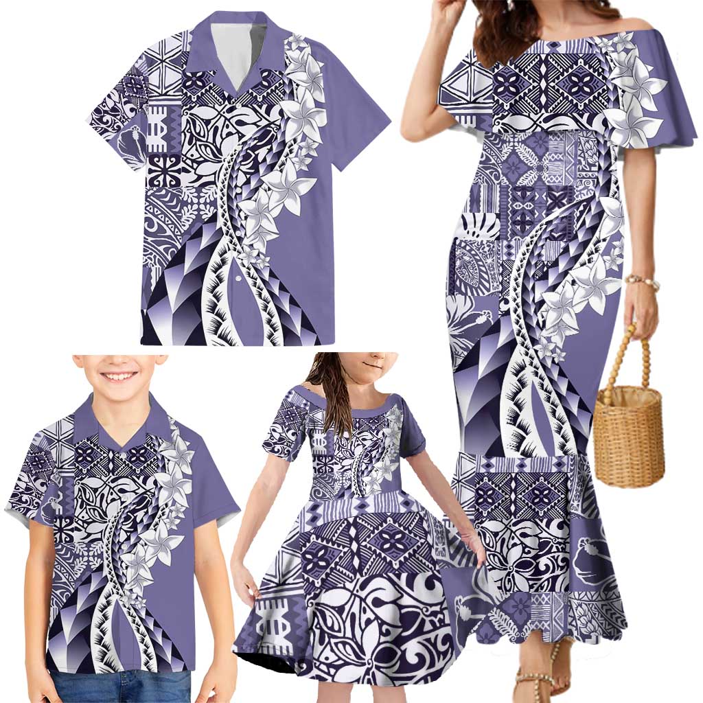 Aloha Vintage Plumeria Hawaiian Tapa Pattern Family Matching Mermaid Dress and Hawaiian Shirt Purple Hawaiian Tapa Pattern LT9 - Polynesian Pride