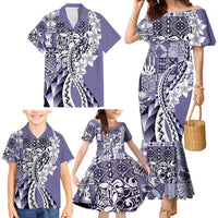 Aloha Vintage Plumeria Hawaiian Tapa Pattern Family Matching Mermaid Dress and Hawaiian Shirt Purple Hawaiian Tapa Pattern LT9 - Polynesian Pride