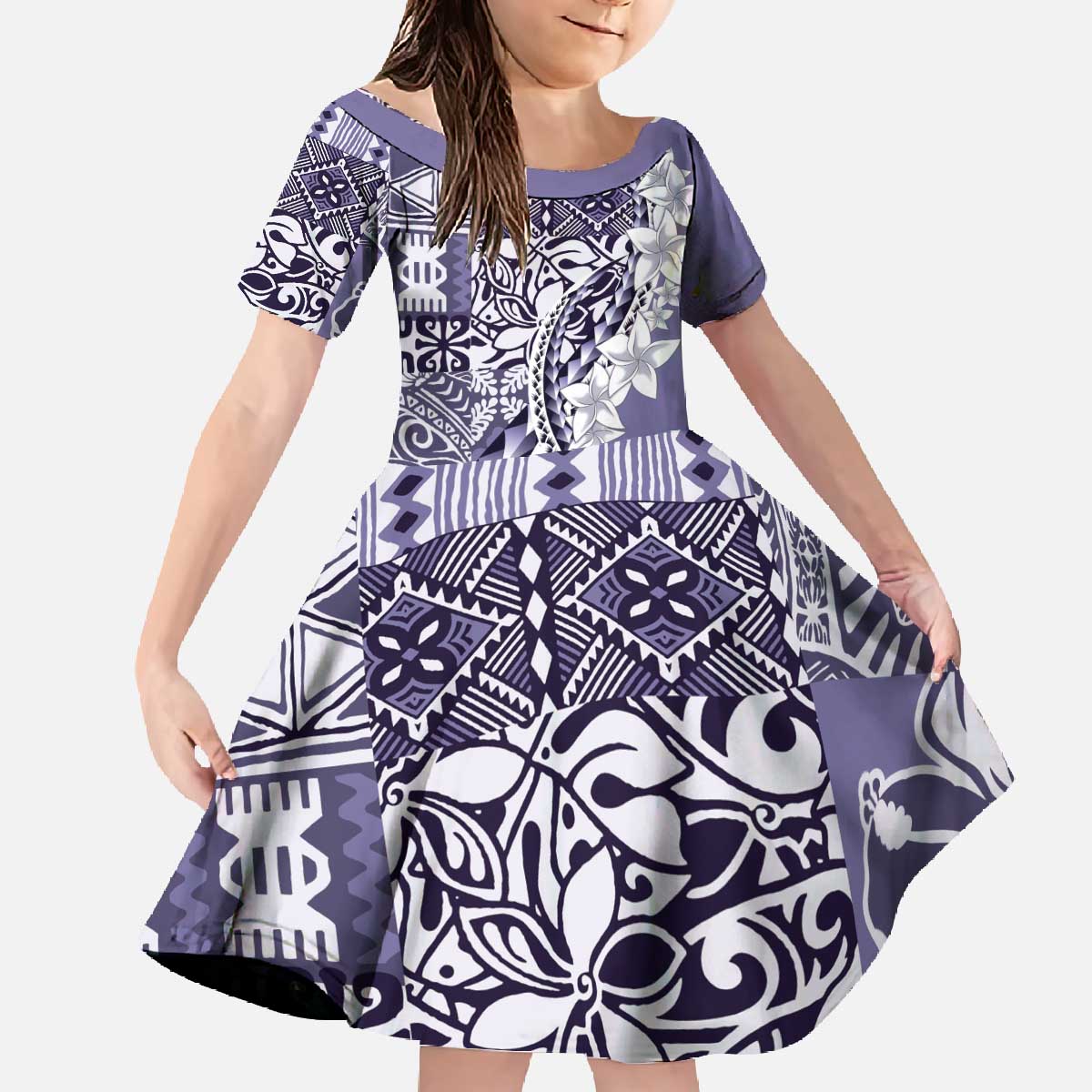 Aloha Vintage Plumeria Hawaiian Tapa Pattern Family Matching Off The Shoulder Long Sleeve Dress and Hawaiian Shirt Purple Hawaiian Tapa Pattern LT9 Daughter's Dress Purple - Polynesian Pride