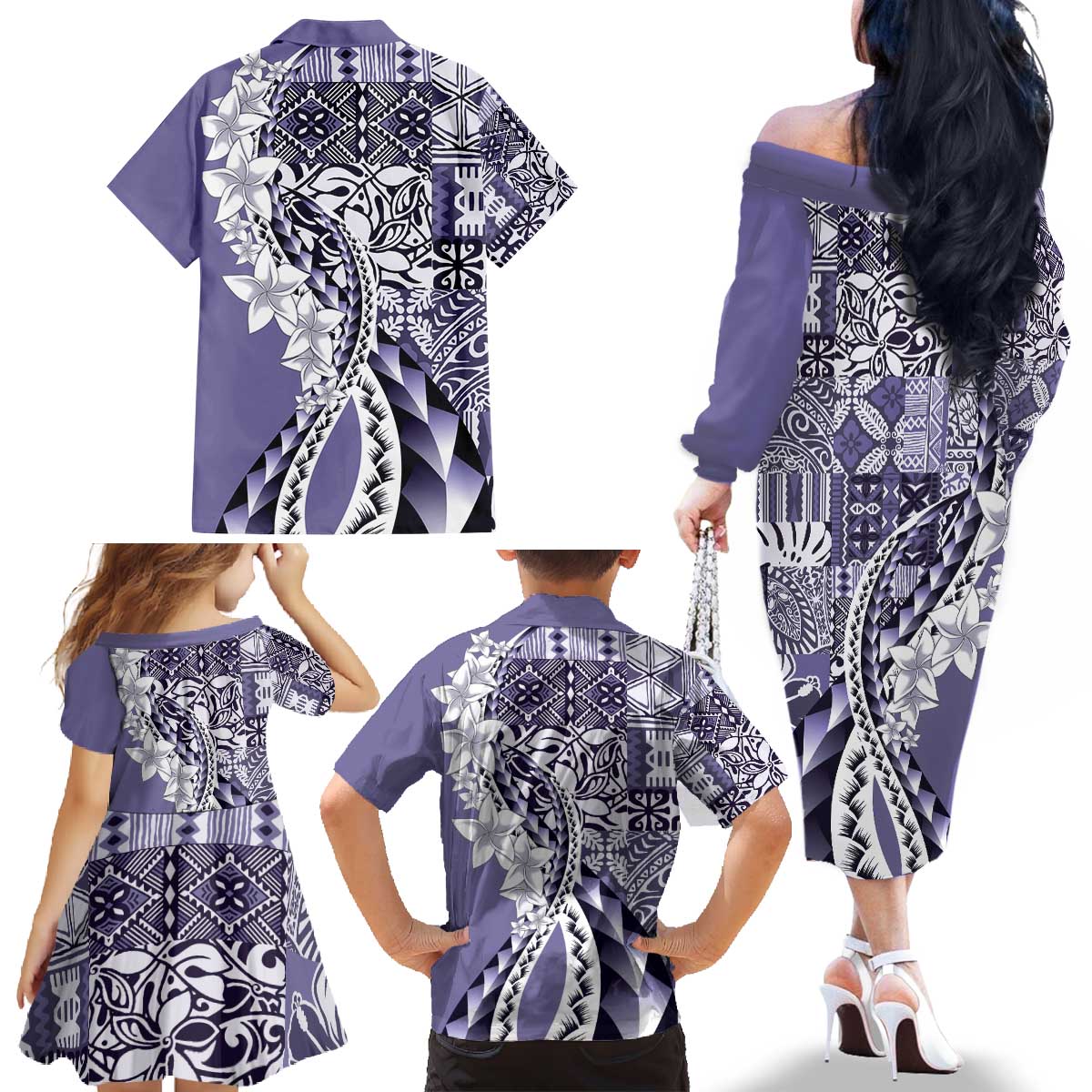 Aloha Vintage Plumeria Hawaiian Tapa Pattern Family Matching Off The Shoulder Long Sleeve Dress and Hawaiian Shirt Purple Hawaiian Tapa Pattern LT9 - Polynesian Pride