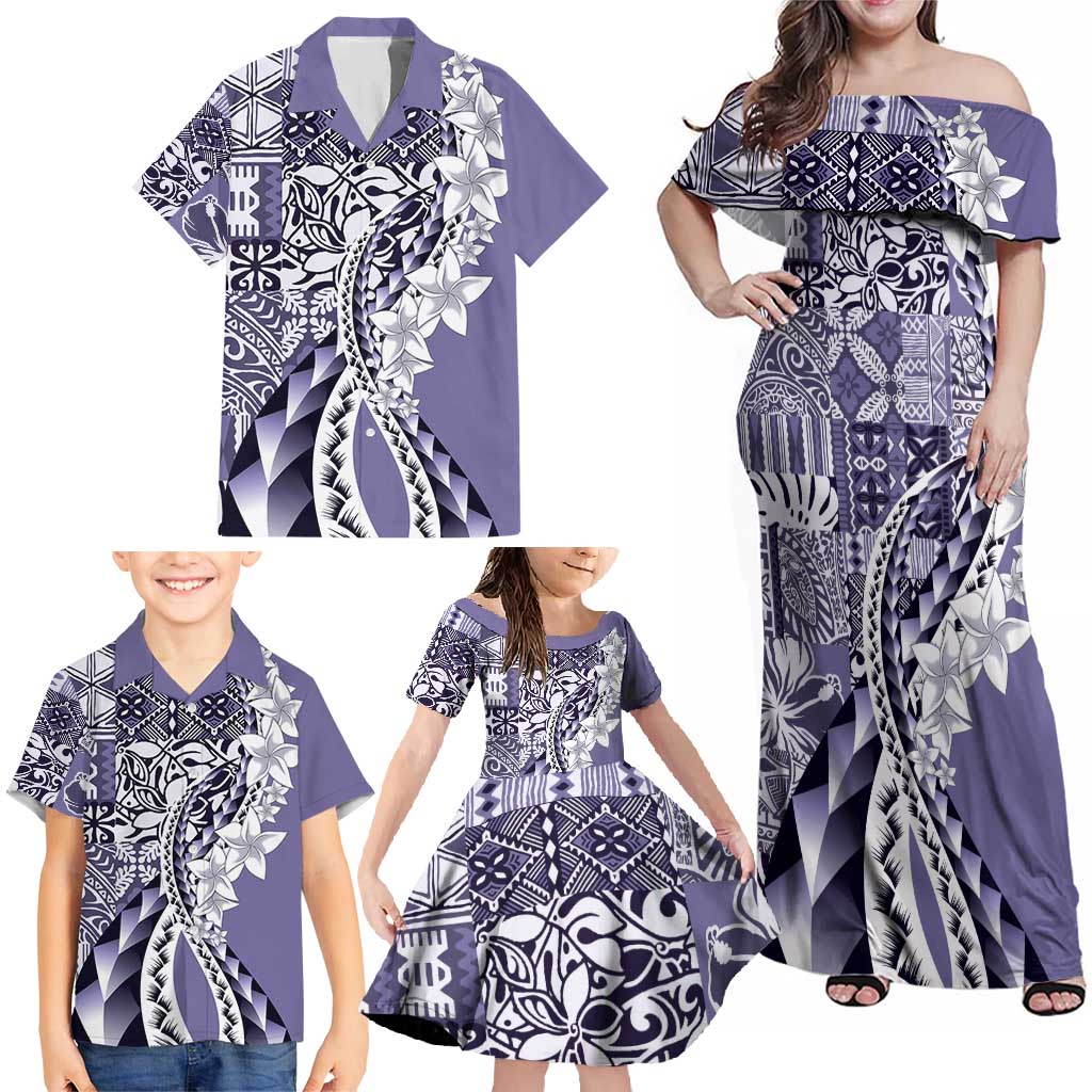 Aloha Vintage Plumeria Hawaiian Tapa Pattern Family Matching Off Shoulder Maxi Dress and Hawaiian Shirt Purple Hawaiian Tapa Pattern LT9 - Polynesian Pride