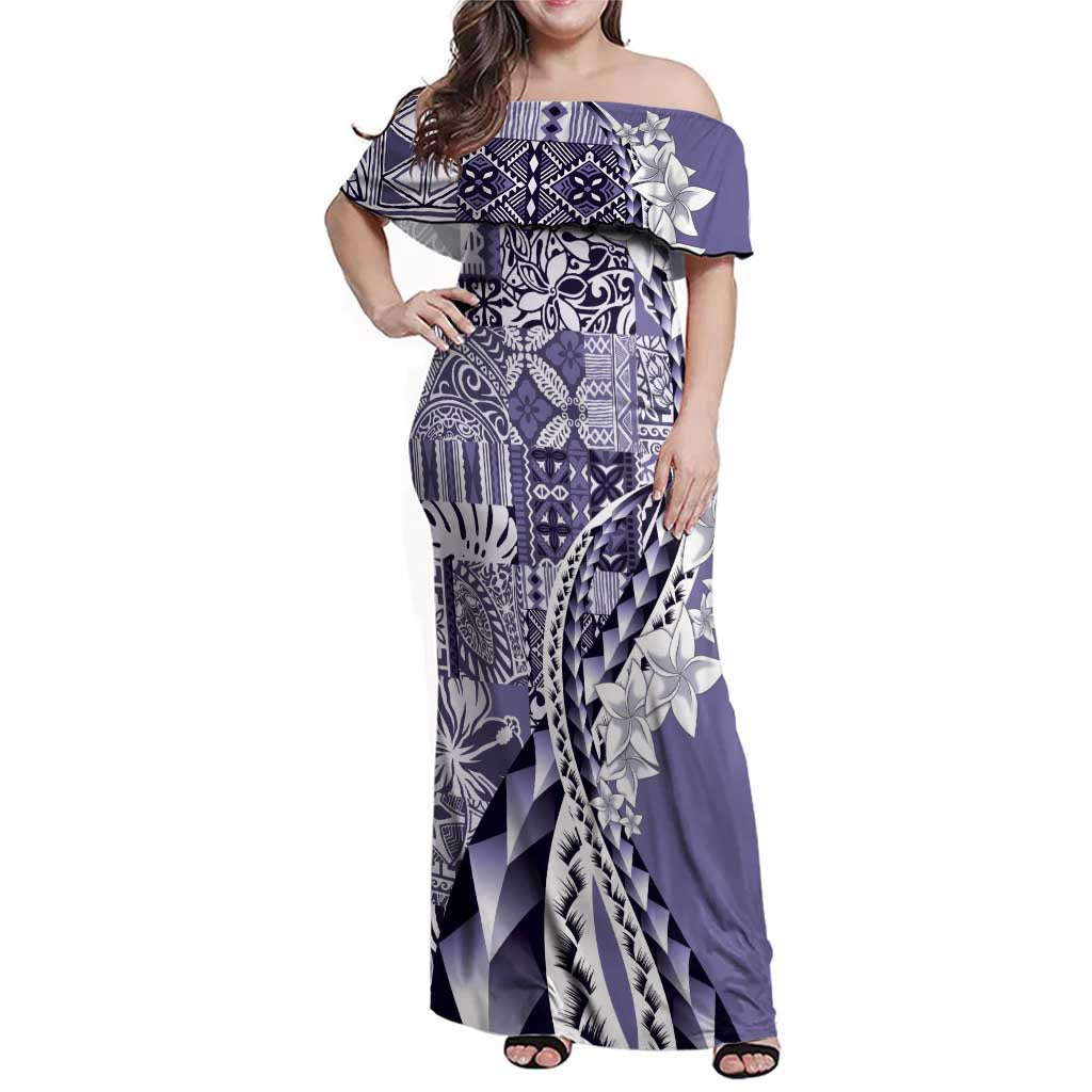 Aloha Vintage Plumeria Hawaiian Tapa Pattern Family Matching Off Shoulder Maxi Dress and Hawaiian Shirt Purple Hawaiian Tapa Pattern LT9 Mom's Dress Purple - Polynesian Pride
