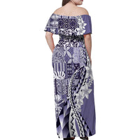Aloha Vintage Plumeria Hawaiian Tapa Pattern Family Matching Off Shoulder Maxi Dress and Hawaiian Shirt Purple Hawaiian Tapa Pattern LT9 - Polynesian Pride