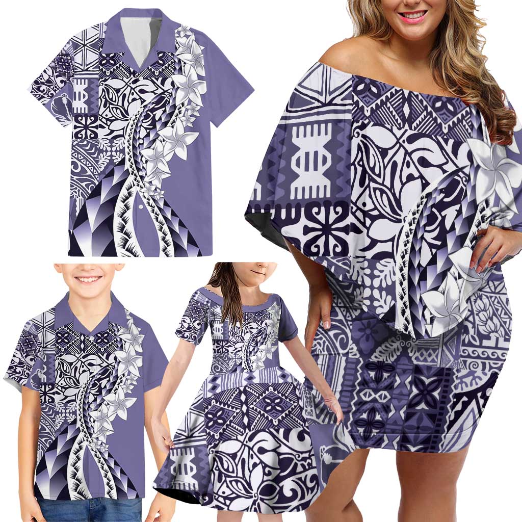 Aloha Vintage Plumeria Hawaiian Tapa Pattern Family Matching Off Shoulder Short Dress and Hawaiian Shirt Purple Hawaiian Tapa Pattern LT9 - Polynesian Pride