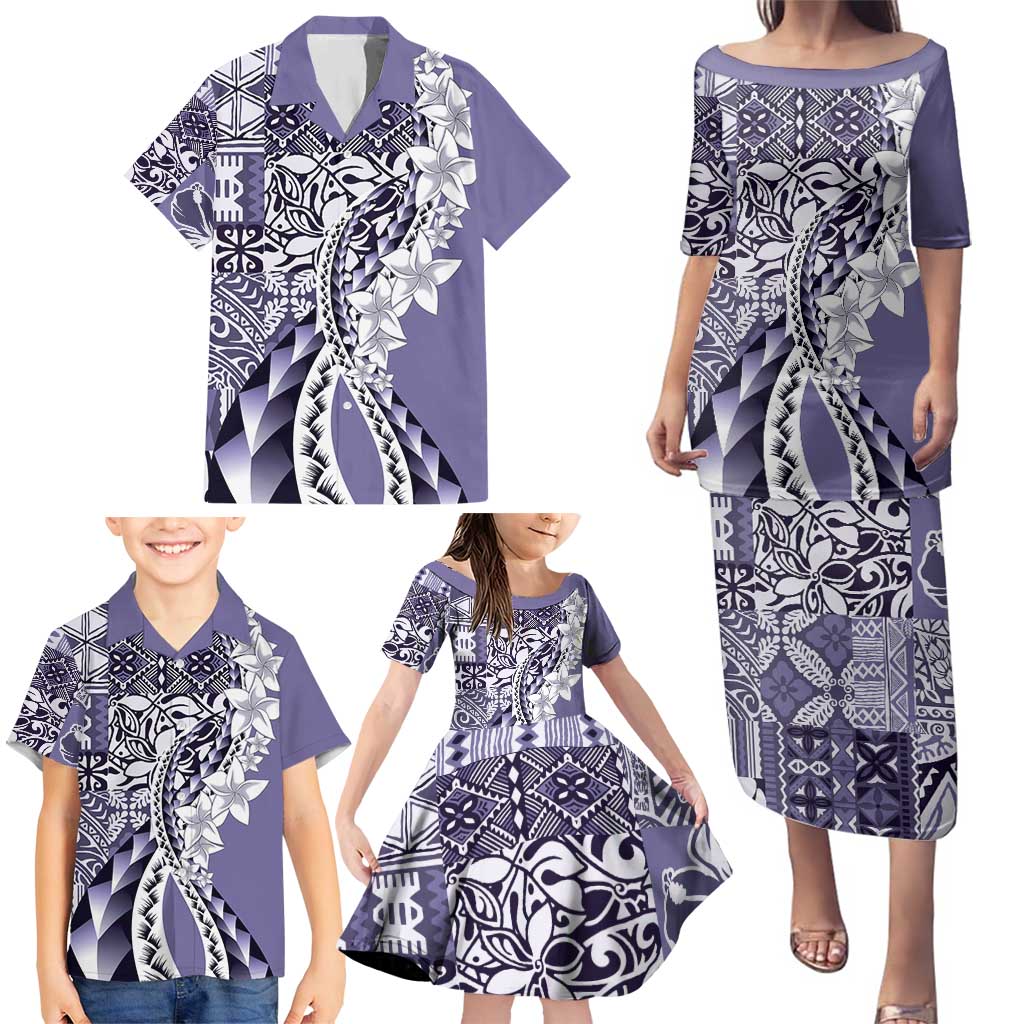 Aloha Vintage Plumeria Hawaiian Tapa Pattern Family Matching Puletasi and Hawaiian Shirt Purple Hawaiian Tapa Pattern LT9 - Polynesian Pride