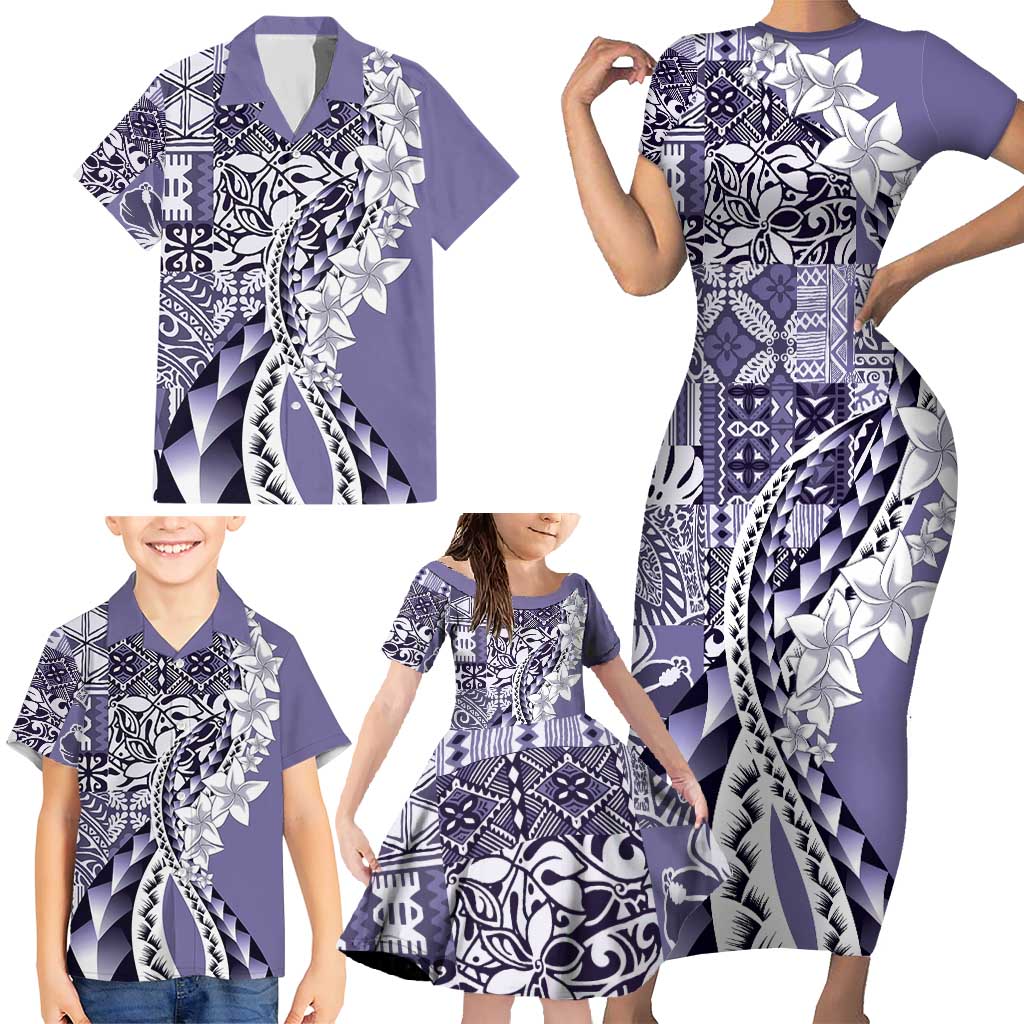 Aloha Vintage Plumeria Hawaiian Tapa Pattern Family Matching Short Sleeve Bodycon Dress and Hawaiian Shirt Purple Hawaiian Tapa Pattern LT9 - Polynesian Pride