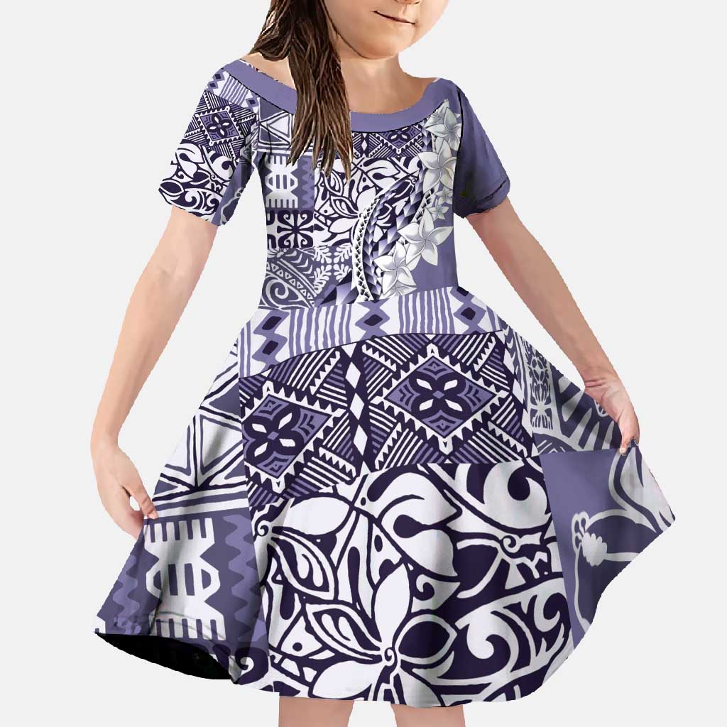 Aloha Vintage Plumeria Hawaiian Tapa Pattern Family Matching Summer Maxi Dress and Hawaiian Shirt Purple Hawaiian Tapa Pattern LT9 Daughter's Dress Purple - Polynesian Pride
