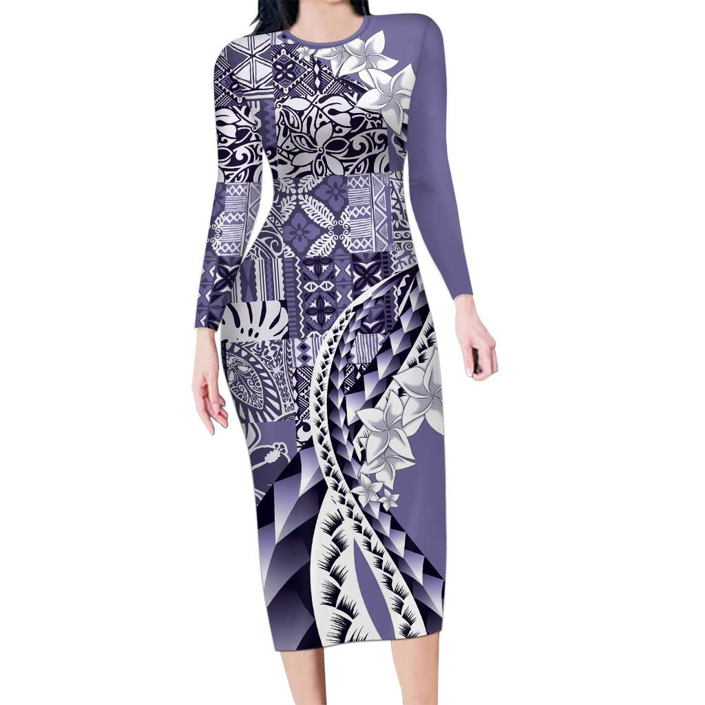 Aloha Vintage Plumeria Hawaiian Tapa Pattern Long Sleeve Bodycon Dress Purple Hawaiian Tapa Pattern LT9 Long Dress Purple - Polynesian Pride