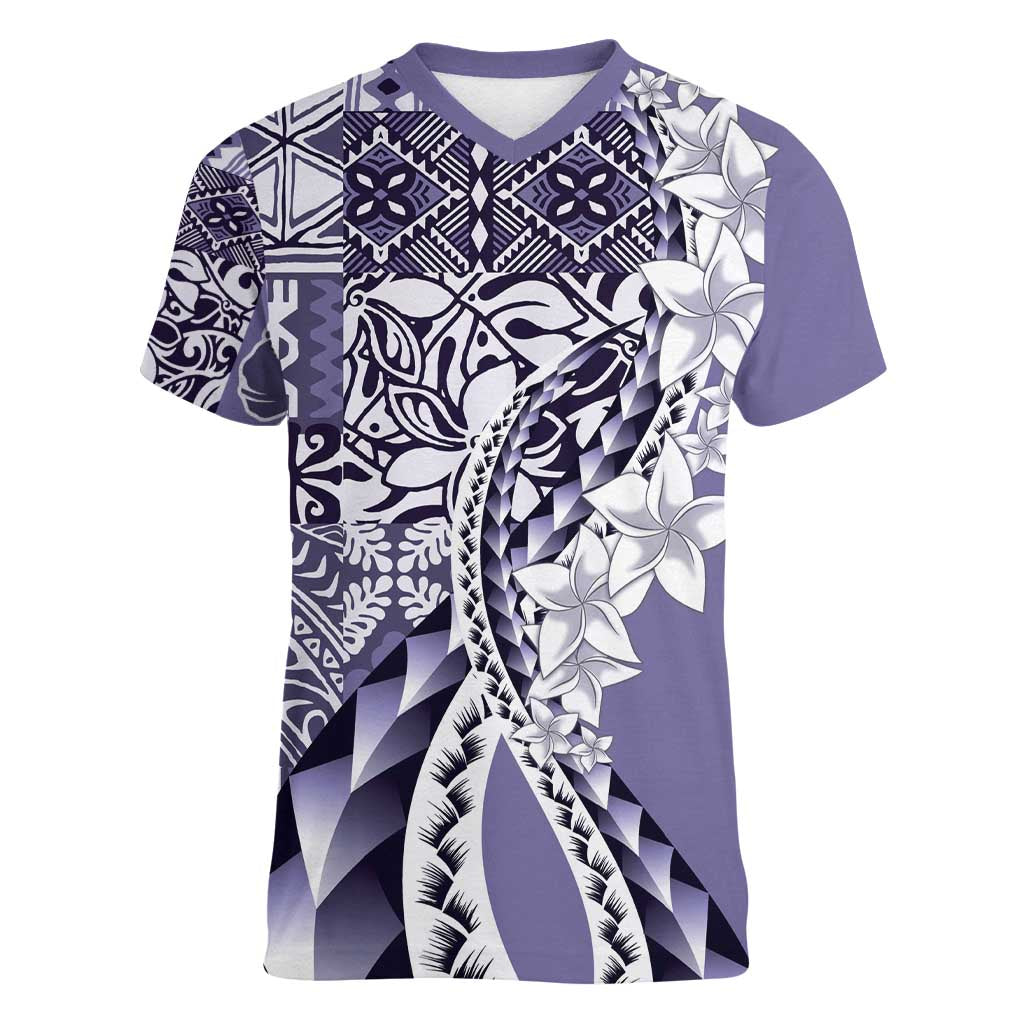 Aloha Vintage Plumeria Hawaiian Tapa Pattern Women V-Neck T-Shirt Purple Hawaiian Tapa Pattern LT9 Female Purple - Polynesian Pride