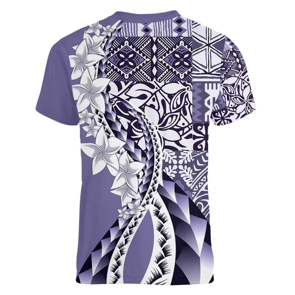 Aloha Vintage Plumeria Hawaiian Tapa Pattern Women V-Neck T-Shirt Purple Hawaiian Tapa Pattern LT9 - Polynesian Pride