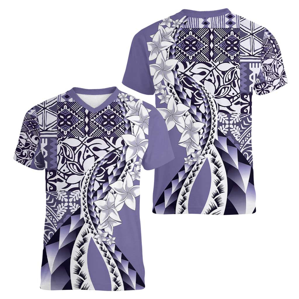 Aloha Vintage Plumeria Hawaiian Tapa Pattern Women V-Neck T-Shirt Purple Hawaiian Tapa Pattern LT9 - Polynesian Pride