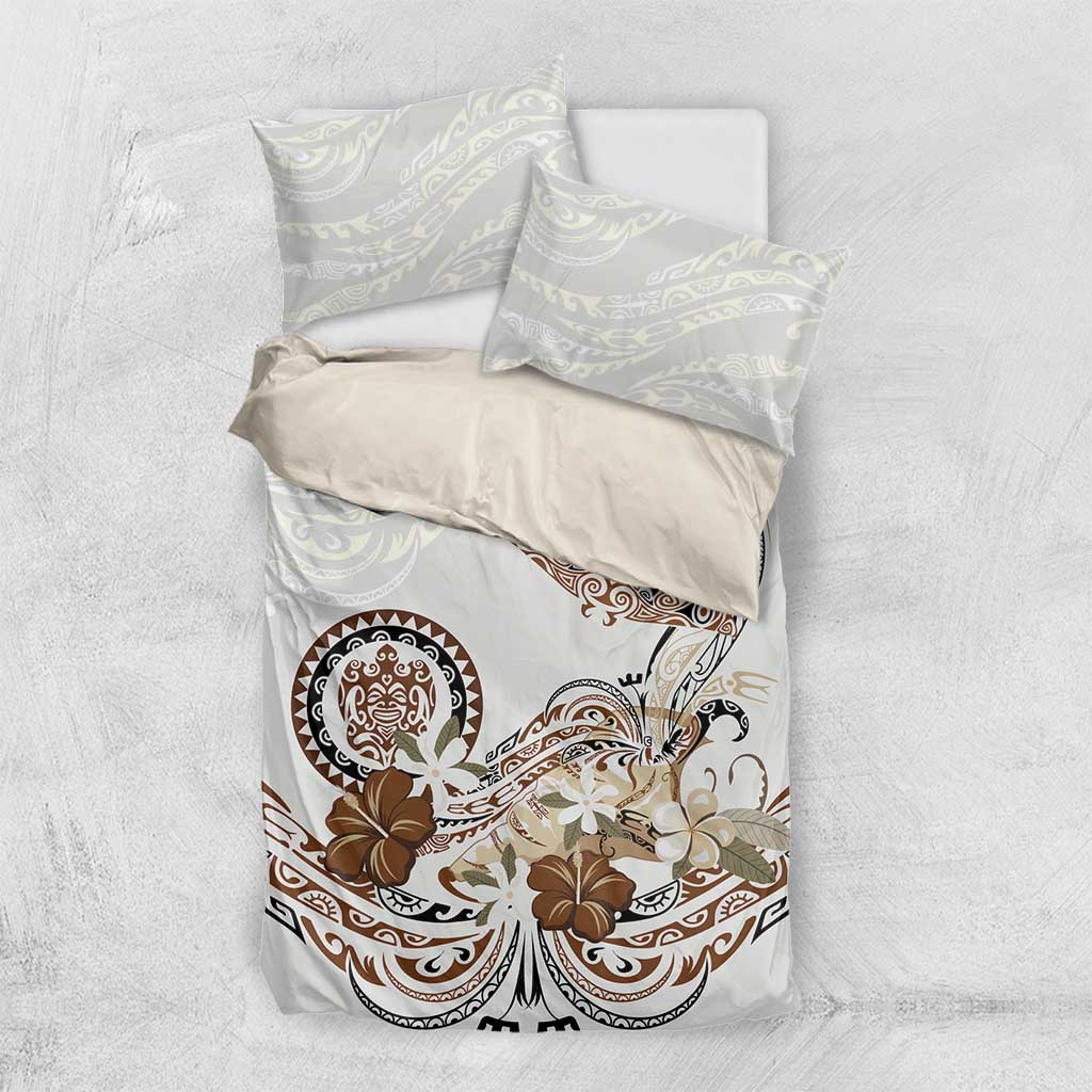 Polynesian Manta Ray Bedding Set Beige Floral Turtle Tattoo - Polynesian Pride