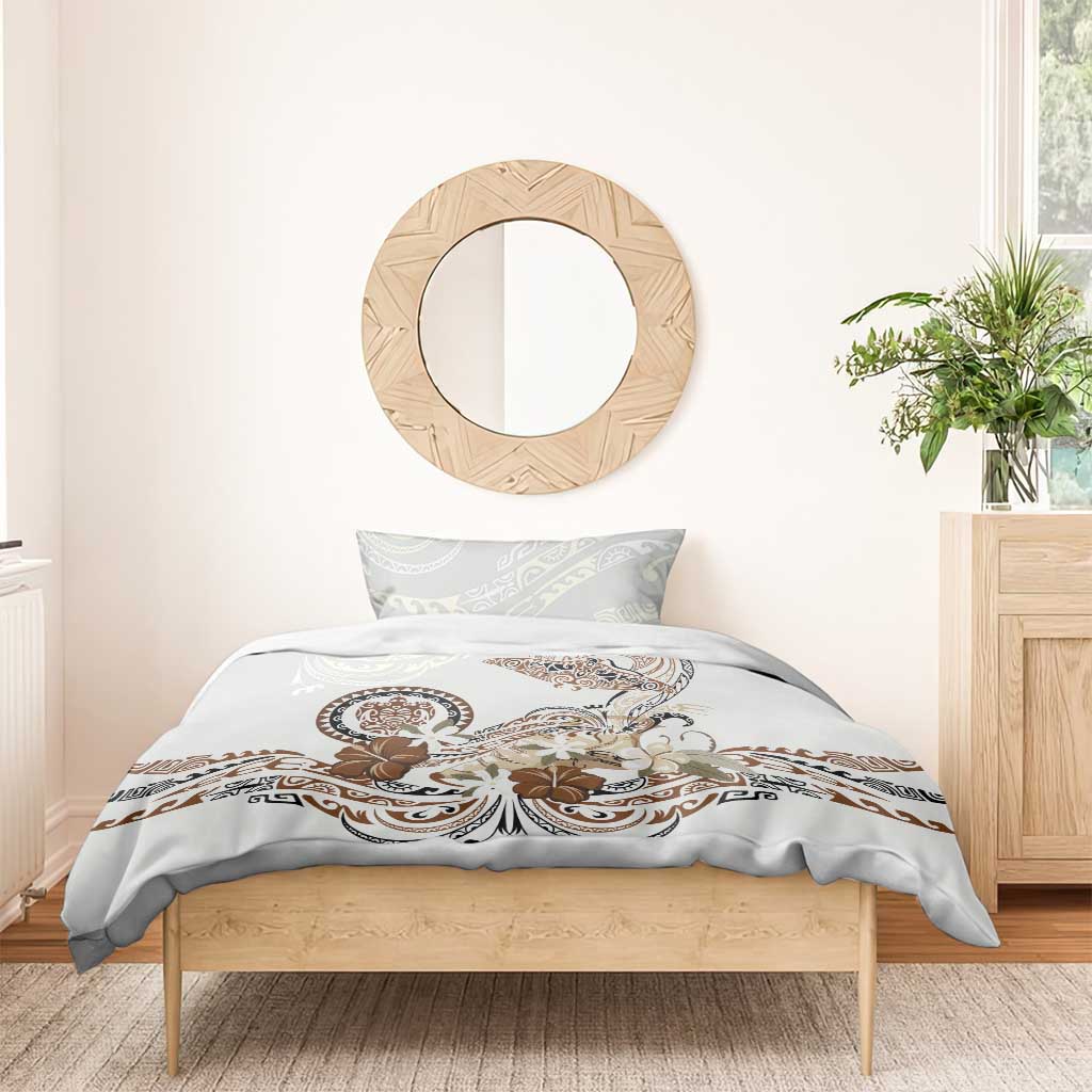 Polynesian Manta Ray Bedding Set Beige Floral Turtle Tattoo - Polynesian Pride