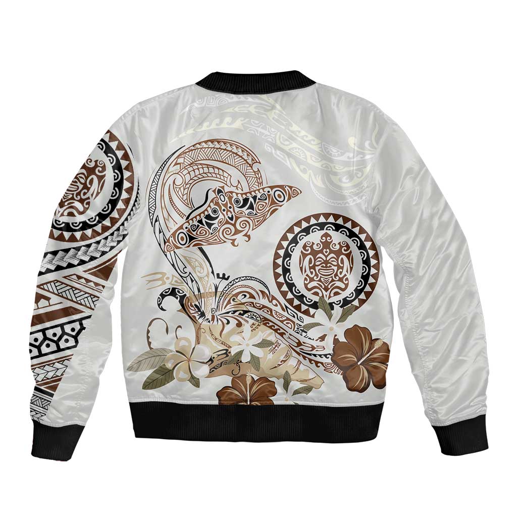 Polynesian Manta Ray Bomber Jacket Beige Floral Turtle Tattoo - Polynesian Pride