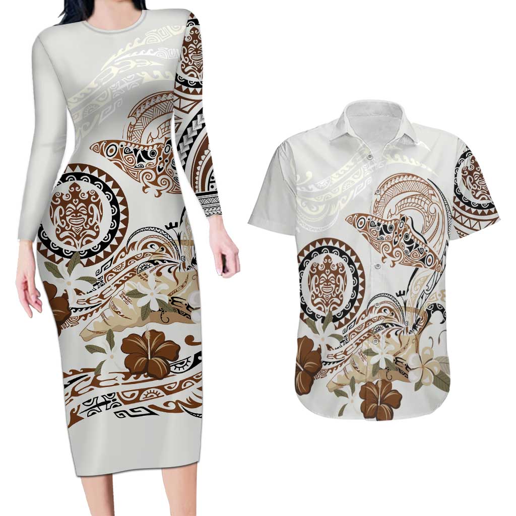 Polynesian Manta Ray Couples Matching Long Sleeve Bodycon Dress and Hawaiian Shirt Beige Floral Turtle Tattoo LT9 Beige - Polynesian Pride