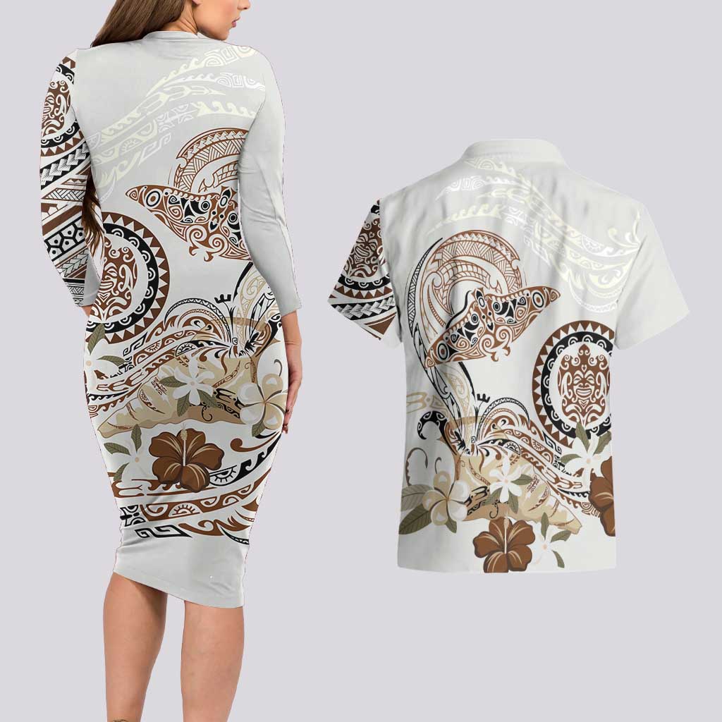 Polynesian Manta Ray Couples Matching Long Sleeve Bodycon Dress and Hawaiian Shirt Beige Floral Turtle Tattoo LT9 - Polynesian Pride