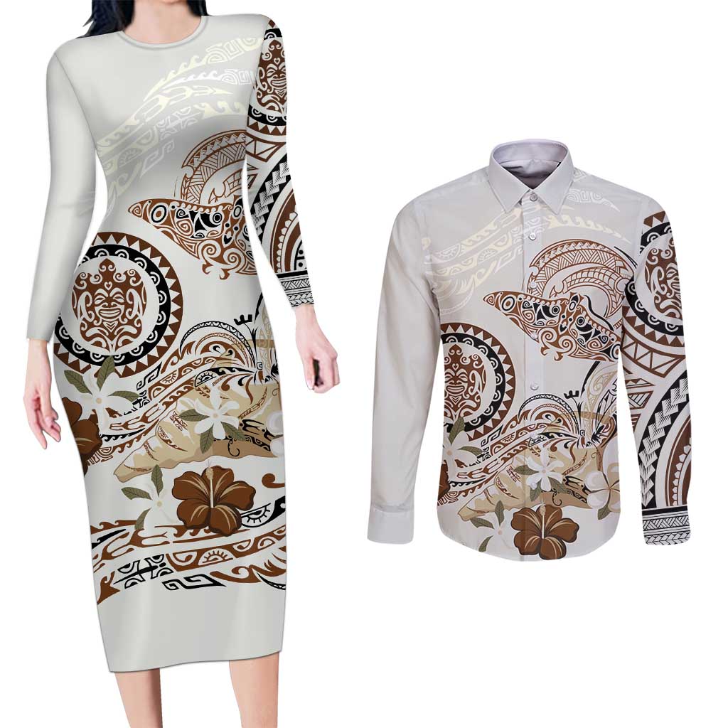 Polynesian Manta Ray Couples Matching Long Sleeve Bodycon Dress and Long Sleeve Button Shirt Beige Floral Turtle Tattoo LT9 Beige - Polynesian Pride