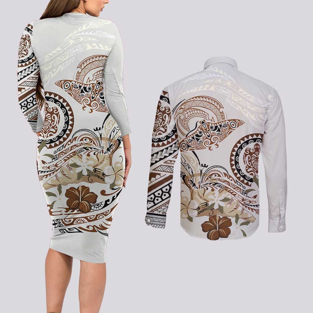 Polynesian Manta Ray Couples Matching Long Sleeve Bodycon Dress and Long Sleeve Button Shirt Beige Floral Turtle Tattoo LT9 - Polynesian Pride