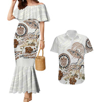 Polynesian Manta Ray Couples Matching Mermaid Dress and Hawaiian Shirt Beige Floral Turtle Tattoo LT9 Beige - Polynesian Pride