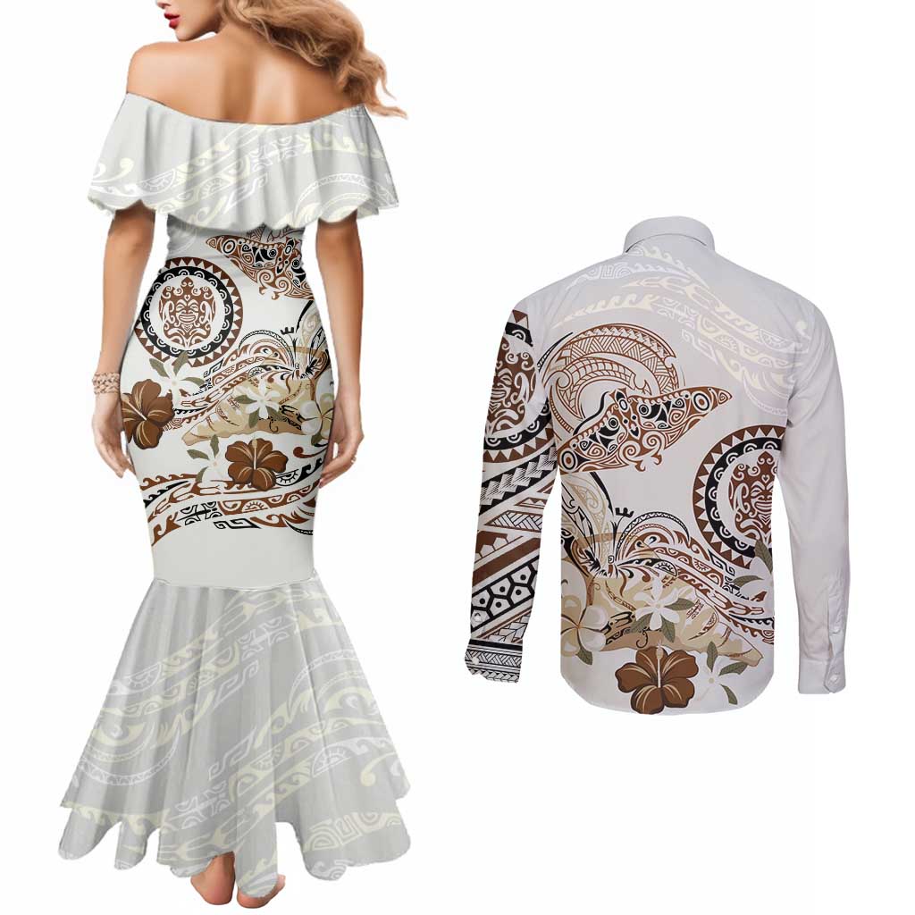 Polynesian Manta Ray Couples Matching Mermaid Dress and Long Sleeve Button Shirt Beige Floral Turtle Tattoo LT9 - Polynesian Pride
