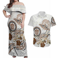 Polynesian Manta Ray Couples Matching Off Shoulder Maxi Dress and Hawaiian Shirt Beige Floral Turtle Tattoo LT9 Beige - Polynesian Pride