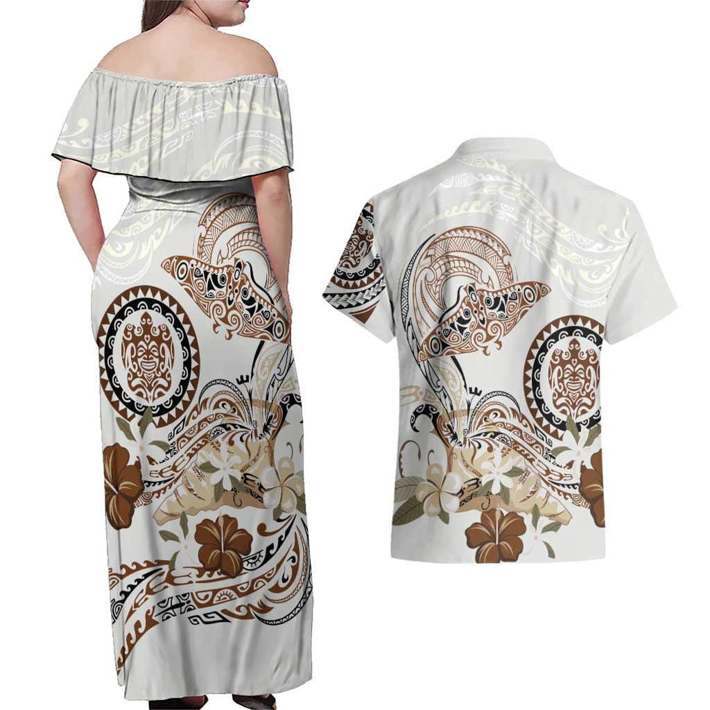 Polynesian Manta Ray Couples Matching Off Shoulder Maxi Dress and Hawaiian Shirt Beige Floral Turtle Tattoo LT9 - Polynesian Pride