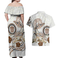 Polynesian Manta Ray Couples Matching Off Shoulder Maxi Dress and Hawaiian Shirt Beige Floral Turtle Tattoo LT9 - Polynesian Pride