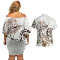 Polynesian Manta Ray Couples Matching Off Shoulder Short Dress and Hawaiian Shirt Beige Floral Turtle Tattoo LT9 - Polynesian Pride