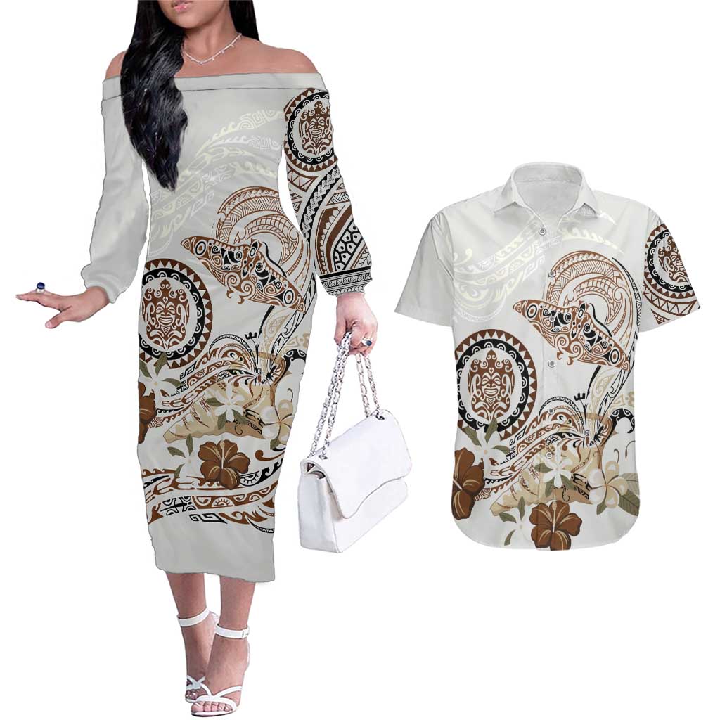 Polynesian Manta Ray Couples Matching Off The Shoulder Long Sleeve Dress and Hawaiian Shirt Beige Floral Turtle Tattoo LT9 Beige - Polynesian Pride