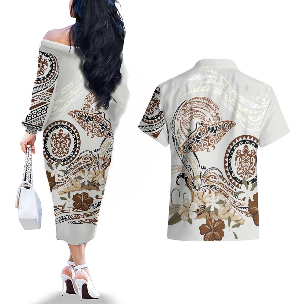 Polynesian Manta Ray Couples Matching Off The Shoulder Long Sleeve Dress and Hawaiian Shirt Beige Floral Turtle Tattoo LT9 - Polynesian Pride