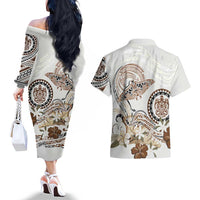 Polynesian Manta Ray Couples Matching Off The Shoulder Long Sleeve Dress and Hawaiian Shirt Beige Floral Turtle Tattoo LT9 - Polynesian Pride