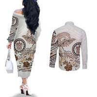 Polynesian Manta Ray Couples Matching Off The Shoulder Long Sleeve Dress and Long Sleeve Button Shirt Beige Floral Turtle Tattoo LT9 - Polynesian Pride