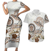 Polynesian Manta Ray Couples Matching Short Sleeve Bodycon Dress and Hawaiian Shirt Beige Floral Turtle Tattoo LT9 Beige - Polynesian Pride
