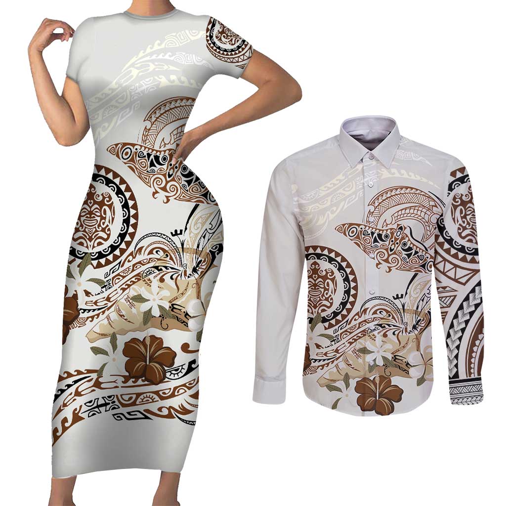 Polynesian Manta Ray Couples Matching Short Sleeve Bodycon Dress and Long Sleeve Button Shirt Beige Floral Turtle Tattoo LT9 Beige - Polynesian Pride
