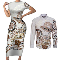Polynesian Manta Ray Couples Matching Short Sleeve Bodycon Dress and Long Sleeve Button Shirt Beige Floral Turtle Tattoo LT9 Beige - Polynesian Pride