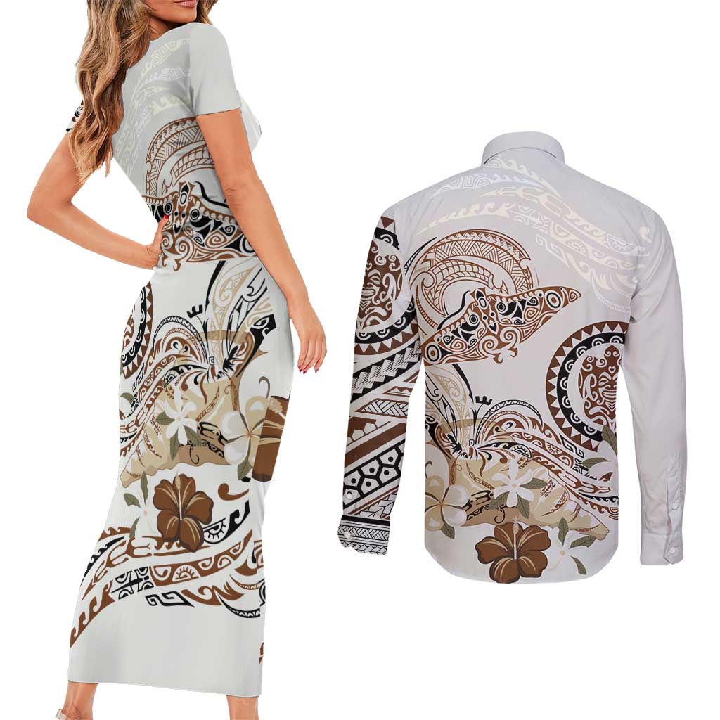 Polynesian Manta Ray Couples Matching Short Sleeve Bodycon Dress and Long Sleeve Button Shirt Beige Floral Turtle Tattoo LT9 - Polynesian Pride