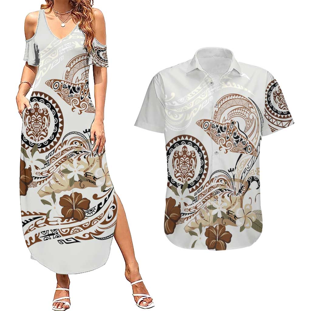 Polynesian Manta Ray Couples Matching Summer Maxi Dress and Hawaiian Shirt Beige Floral Turtle Tattoo LT9 Beige - Polynesian Pride
