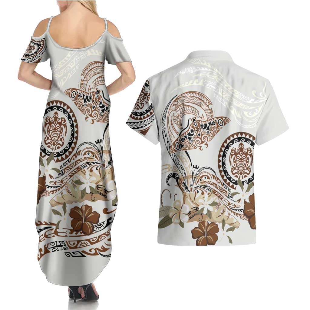 Polynesian Manta Ray Couples Matching Summer Maxi Dress and Hawaiian Shirt Beige Floral Turtle Tattoo LT9 - Polynesian Pride