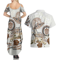 Polynesian Manta Ray Couples Matching Summer Maxi Dress and Hawaiian Shirt Beige Floral Turtle Tattoo LT9 - Polynesian Pride