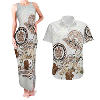 Polynesian Manta Ray Couples Matching Tank Maxi Dress and Hawaiian Shirt Beige Floral Turtle Tattoo LT9 Beige - Polynesian Pride