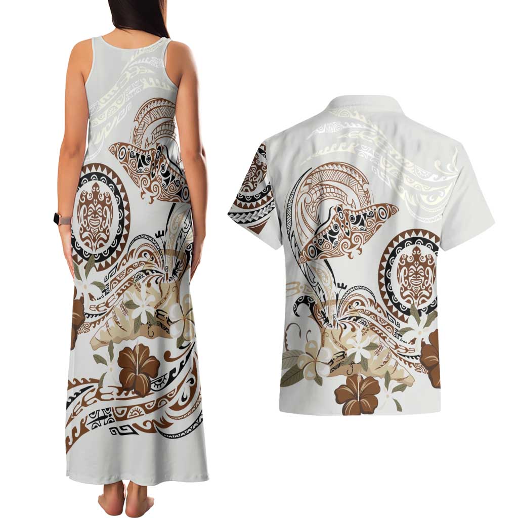 Polynesian Manta Ray Couples Matching Tank Maxi Dress and Hawaiian Shirt Beige Floral Turtle Tattoo LT9 - Polynesian Pride