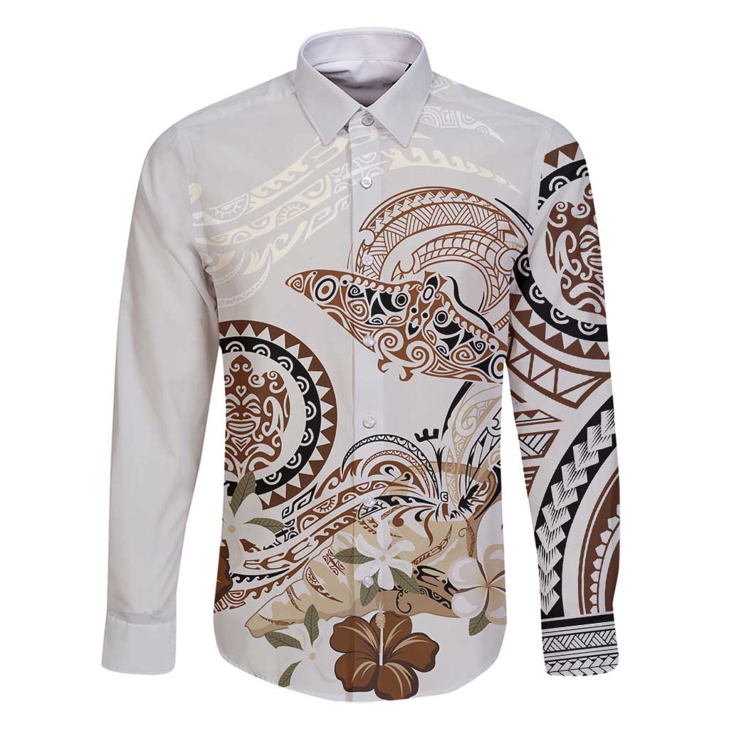 Polynesian Manta Ray Family Matching Long Sleeve Bodycon Dress and Hawaiian Shirt Beige Floral Turtle Tattoo LT9 Dad's Shirt - Long Sleeve Beige - Polynesian Pride