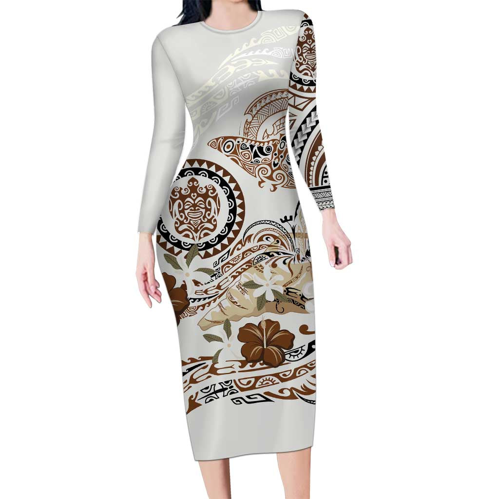 Polynesian Manta Ray Family Matching Long Sleeve Bodycon Dress and Hawaiian Shirt Beige Floral Turtle Tattoo LT9 Mom's Dress Beige - Polynesian Pride