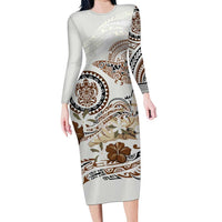 Polynesian Manta Ray Family Matching Long Sleeve Bodycon Dress and Hawaiian Shirt Beige Floral Turtle Tattoo LT9 Mom's Dress Beige - Polynesian Pride